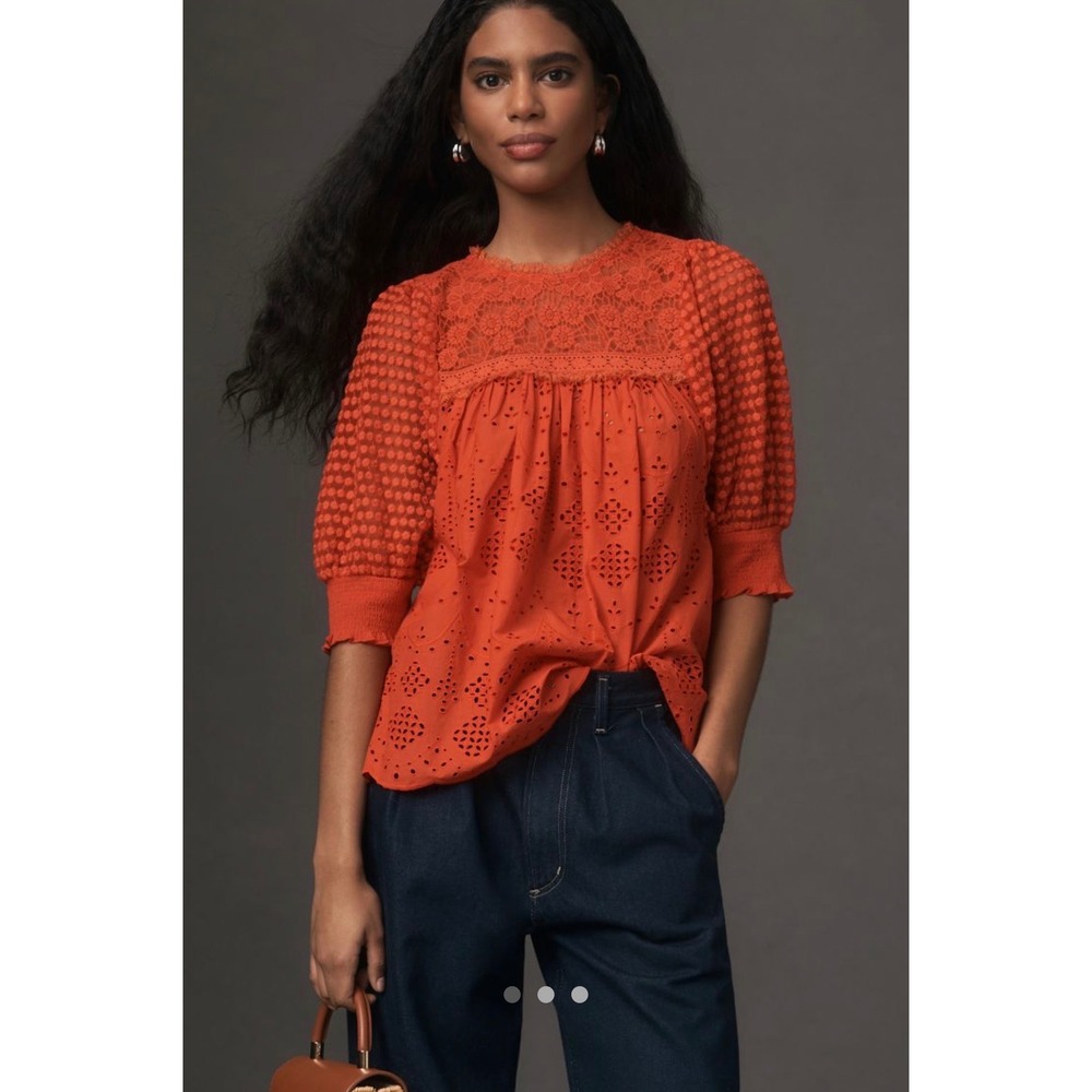 Conditions Apply Anthropologie Bertha Orange Eyelet Lace Puff Sleeve‎ Blouse XS